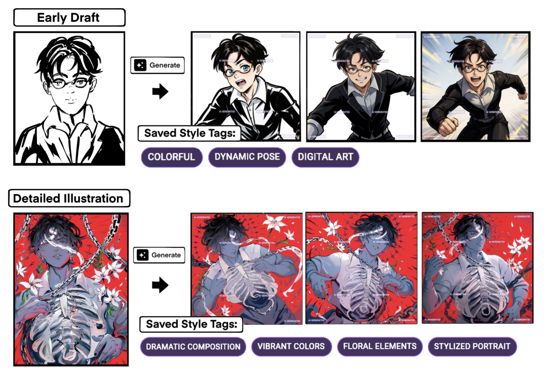 A two-row comparison showing how Artly generates reference images from different stages of an illustration. The top row, labeled