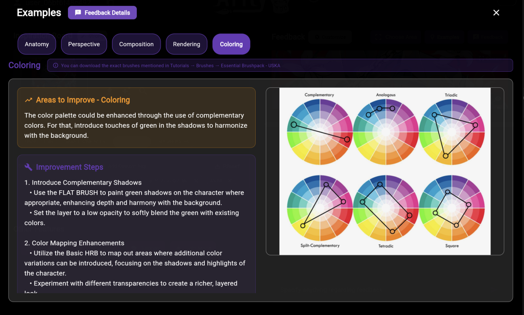 A screenshot of the Examples view for the Coloring category. The left side provides text instructions under Areas to Improve - Coloring and Improvement Steps, advising the user to introduce complementary green shadows to harmonize with the background and providing steps for color mapping and brush usage. The right side shows a reference graphic of six color wheels, each illustrating a different color harmony theory: Complementary, Analogous, Triadic, Split-Complementary, Tetradic, and Square.