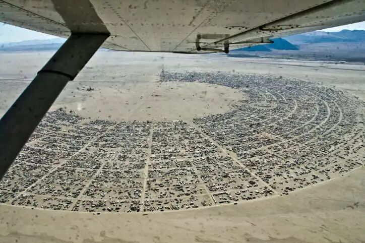 Black Rock City, the temporary city built for Burning Man in Nevada’s Black Rock Desert, 2011. Photo: Pertz Partensky.