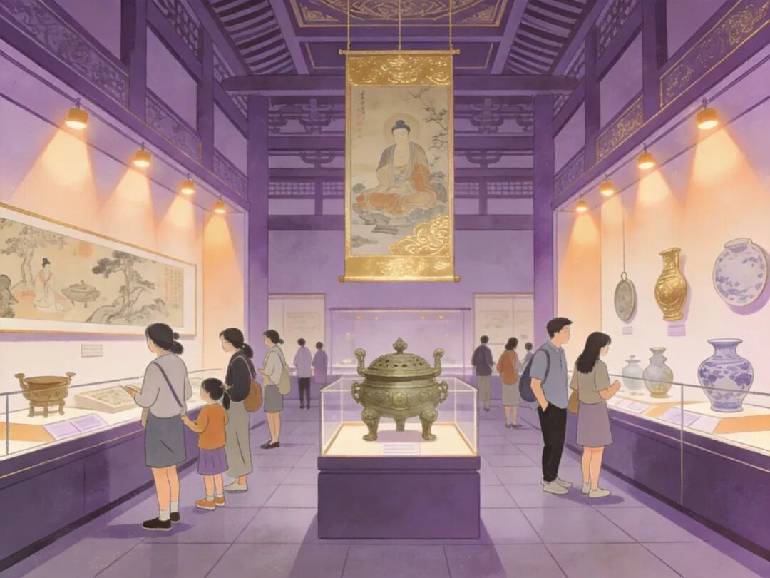 博物馆展厅观众观赏文物
